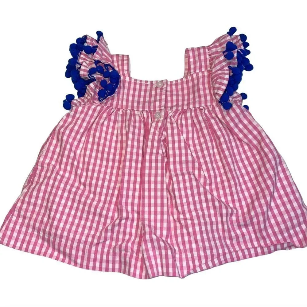 4/$25 -‎ Classic Whimsy Pink & White Gingham Top with Blue Pom Poms at Sleeves